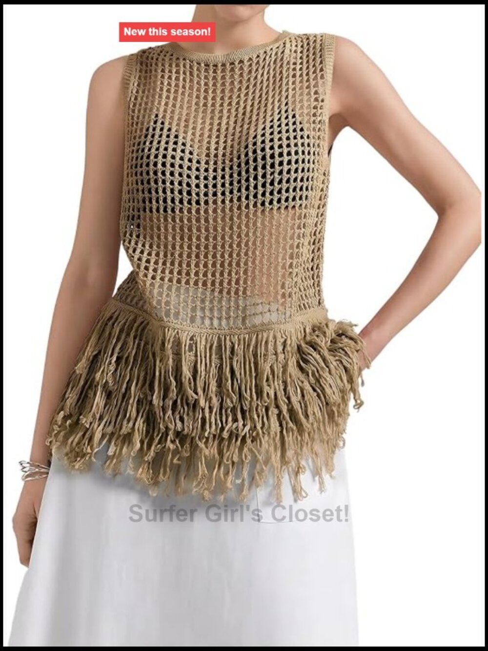 Women's Crochet Knit Fringe Hem Sleeveless Hollow Out Tank Top Summer